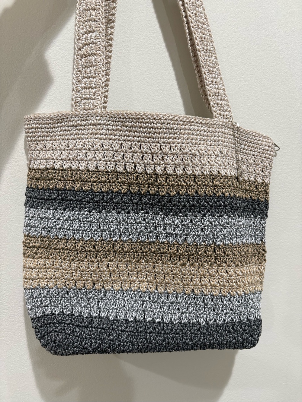 The Sak Striped Crochet Tote in Beige, Gray and Black